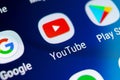 YouTube application icon on Samsung galaxy S9 smartphone screen close-up. Youtube app icon. Social media icon. Social network