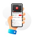 Youtube application on the smartphone screen. Full screen video. Blogging. Vector colorful phone mockup illustration