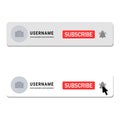 YouTube channel logo info with Red subscribe button, cursor arrow and bell icon and text effect on a white background, Vector Royalty Free Stock Photo