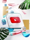 Youtube Icon Geometric Shapes with Glassmorphism Square Glass and Monstera Leaf 3D Render