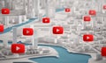 Youtube Icon Over Aerial View of City Buildings 3D Rendering