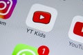 YouTube Kids application icon on Apple iPhone X screen close-up. Youtube Kids app icon. YouTube kids application. Social media Royalty Free Stock Photo