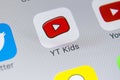 YouTube Kids application icon on Apple iPhone X screen close-up. Youtube Kids app icon. YouTube kids application. Social media Royalty Free Stock Photo