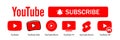 Youtube, youtube kids, YouTube Music, YouTube TV, YouTube VR. Subscribe button icon with arrow cursor. Official logotypes of