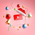 Youtube Logo Glass Square Christmas Ornament Pink Background 3D Render