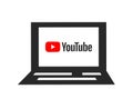 YouTube logo on screen. Laptop icon. Social media and video sharing sign.