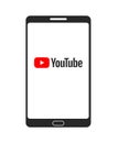 YouTube logo on screen. Social media and video sharing icon on tablet screen.