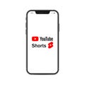 Youtube, Youtube Shorts. Logo on Apple iPhone. Subscribe button icon with arrow cursor. Official logotypes of Youtube Apps. Kyiv,