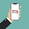 Youtube, Youtube Shorts. Logo on Apple iPhone. Subscribe button icon with arrow cursor. Official logotypes of Youtube Apps. Kyiv,