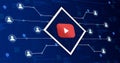 Youtube social network icon connecting the system with other users, on a technological background with code elements 3d