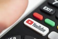 YouTube on television remote , hand holding television remote controller Royalty Free Stock Photo