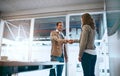 Youve got yourself a deal. two businesspeople shaking hands in an office.