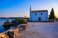 Ypapanti Church - Beautiful scenery at sunset in Gouvia Bay Ã¢â¬â small ancient white church on a pier, Corfu island, Ionian sea, Royalty Free Stock Photo