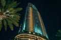 Ypical Dubai skyscraper building and palm at night sky background, holiday in UAE Dubai concept Royalty Free Stock Photo