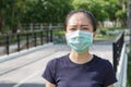 The ypung woman in medical protective mask relaxing in the park. campaign to use protective mask from COVID19