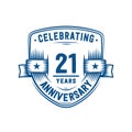 21 years anniversary celebration shield design template. 21st anniversary logo. Vector and illustration. Royalty Free Stock Photo