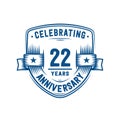 22 years anniversary celebration shield design template. 22nd anniversary logo. Vector and illustration. Royalty Free Stock Photo