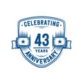 43 years anniversary celebration shield design template. 43rd anniversary logo. Vector and illustration. Royalty Free Stock Photo