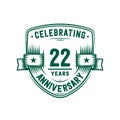 22 years anniversary celebration shield design template. 22nd anniversary logo. Vector and illustration. Royalty Free Stock Photo