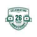 26 years anniversary celebration shield design template. 26th anniversary logo. Vector and illustration. Royalty Free Stock Photo