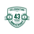 43 years anniversary celebration shield design template. 43rd anniversary logo. Vector and illustration. Royalty Free Stock Photo