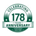 178 years anniversary celebration design template. 178th logo vector illustrations. Royalty Free Stock Photo