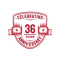 36 years anniversary celebration shield design template. 36th anniversary logo. Vector and illustration. Royalty Free Stock Photo