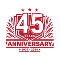 45 years anniversary celebration shield design template. 45th anniversary logo. Vector and illustration. Royalty Free Stock Photo
