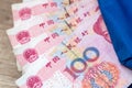 Yuan banknote in blue wallet