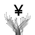 Yuan CNY digital coin symbol over PCB branching tracks isolated on white.