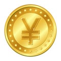 Yuan and Yen currency gold coin with stars. Vector illustration isolated on white background. Editable elements and glare.