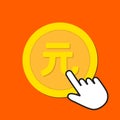 Yuan currency icon. Exchange, buying currency concept. Hand Mouse Cursor Clicks the Button