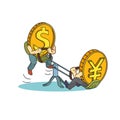 Yuan and Dollar coins on teeter. Yuan vs dollar