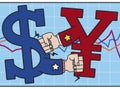 Yuan and Dollar Fighting due Trade War: China vs U.S.A, Vector Illustration