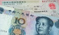 10 yuan lie on a passport with a Chinese visa