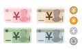 Yuan renminbi China Chinese bank notes currency icon set collection paper money and coin