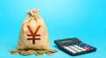 Yuan Yen money bag and calculator. Accounting concept. Analysis of loan selection. Income and expenses. Budgeting. Calculation Royalty Free Stock Photo