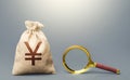 Yuan Yen money bag and magnifying glass. Find high-paying job. Most favorable conditions for deposits, loans. Financial audit. Royalty Free Stock Photo