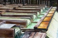 Yubatake onsen, hot spring wooden boxes with mineral water Royalty Free Stock Photo