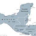 YucatÃÂ¡n Peninsula gray political map, peninsula in southeastern Mexico