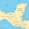 Yucatan Peninsula political map, large peninsula in southeastern Mexico