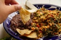 Yucatecan cuisine with our Huevo con Chaya. Scrambled eggs with indigenous chaya, succulent tomatoes, onion, refried beans, and Royalty Free Stock Photo