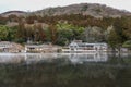 Yufuin, Japan - JANUARY 26, 2023: The landscape vintage resterant is beautiful and nature view lake at Kinrin lake, Yufuin, Japan