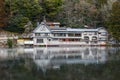 Yufuin, Japan - JANUARY 26, 2023: The landscape vintage resterant is beautiful and nature view lake at Kinrin lake, Yufuin, Japan