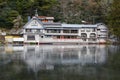 Yufuin, Japan - JANUARY 26, 2023: The landscape vintage resterant is beautiful and nature view lake at Kinrin lake, Yufuin, Japan