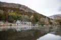 Yufuin, Japan - JANUARY 26, 2023: The landscape vintage resterant is beautiful and nature view lake at Kinrin lake, Yufuin, Japan