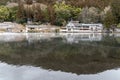 Yufuin, Japan - JANUARY 26, 2023: The landscape vintage resterant is beautiful and nature view lake at Kinrin lake, Yufuin, Japan