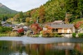 Yufuin, Japan - November 17, 2019 : Autumn in Lake Kinrin and Mount Yufu