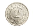 Yugoslavia two dinars coin on white isolated background