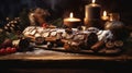 Yule celebration with traditional Yule log, candle light, holly berries, decorations on the table, selected focus